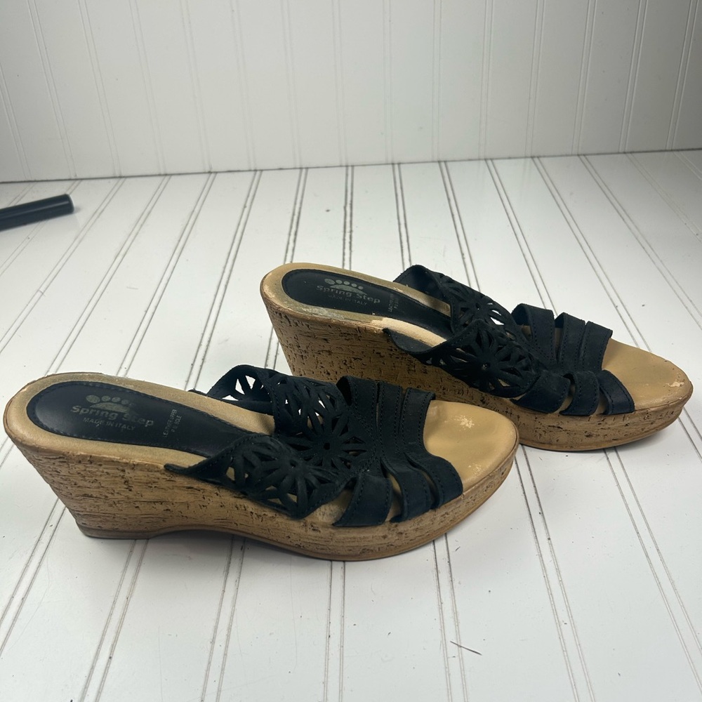 Spring Step Dora Black Leather Cork Wedge Platform Sandals Women’s Size EU 39 8 - Picture 7 of 13
